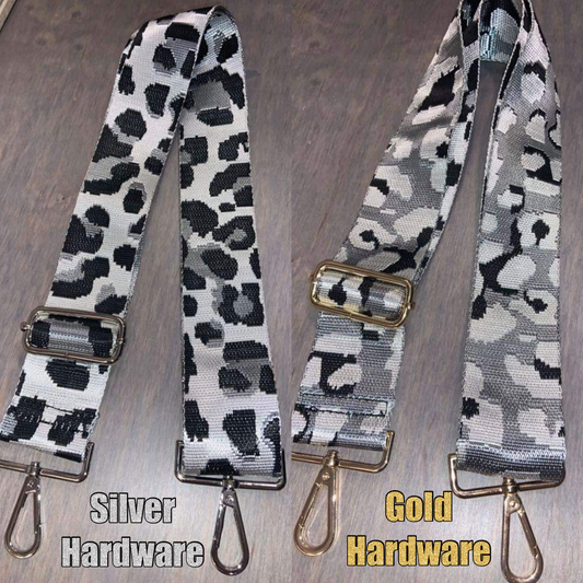 ADJUSTABLE ANIMAL PRINT BAG STRAP- SILVER/BLACK/GREY GROUND LEOPARD