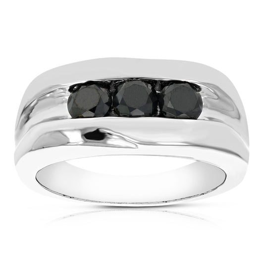 1.10 cttw 3 Stone Men's Black Diamond Engagement Ring in .925 Sterling Silver